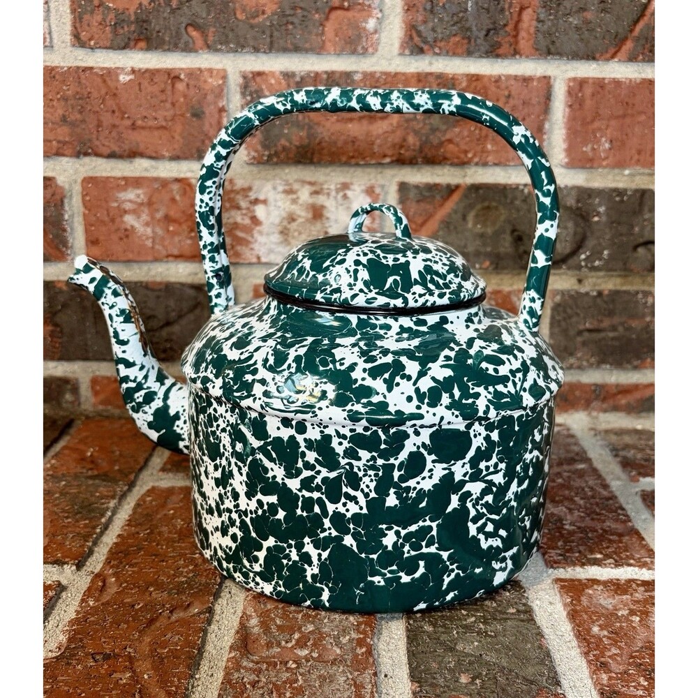 VTG Green White Splatter Speckled Enamelware Graniteware Teapot Tea Pot Lid 8.5"